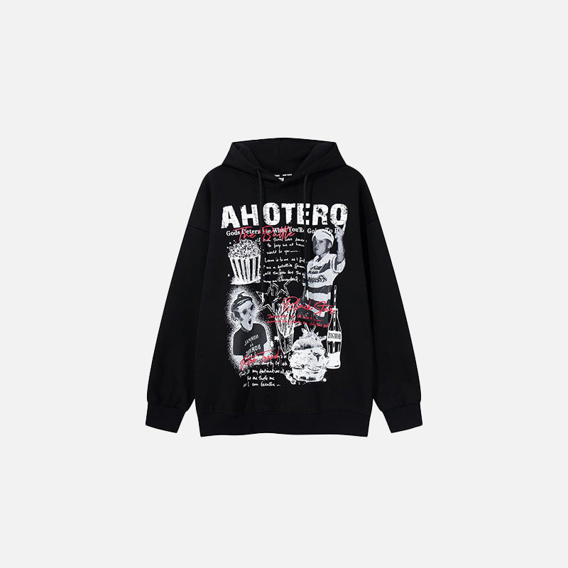 Front view of the black AHOTERO Retro Art Hoodie in a gray background