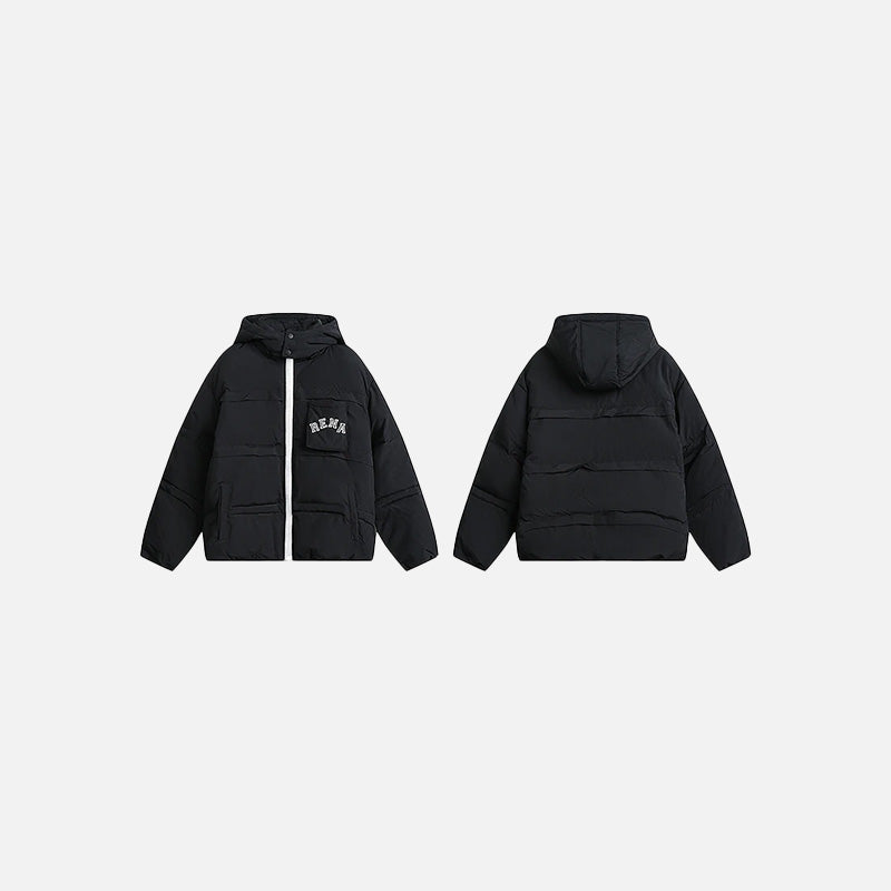 Front & Back View of the black Solid Hooded Collar Puffer Jacket in a gray background