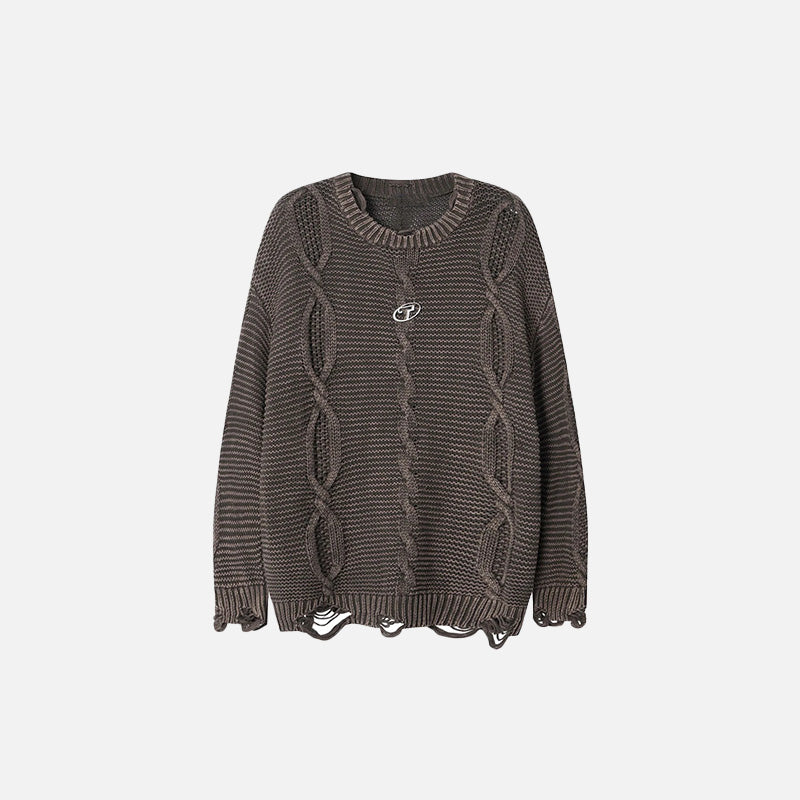 Front view of the brown Twisted Cable Knit Sweater in a gray background