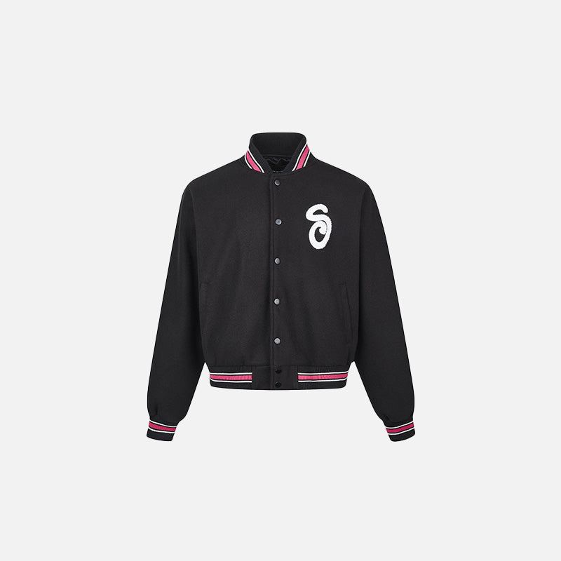 Front view of the black Classic Varsity Letterman Jacket in a gray background