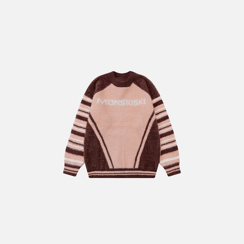Front view of the pink Monskiski Retro Stripe Sweater in a gray background