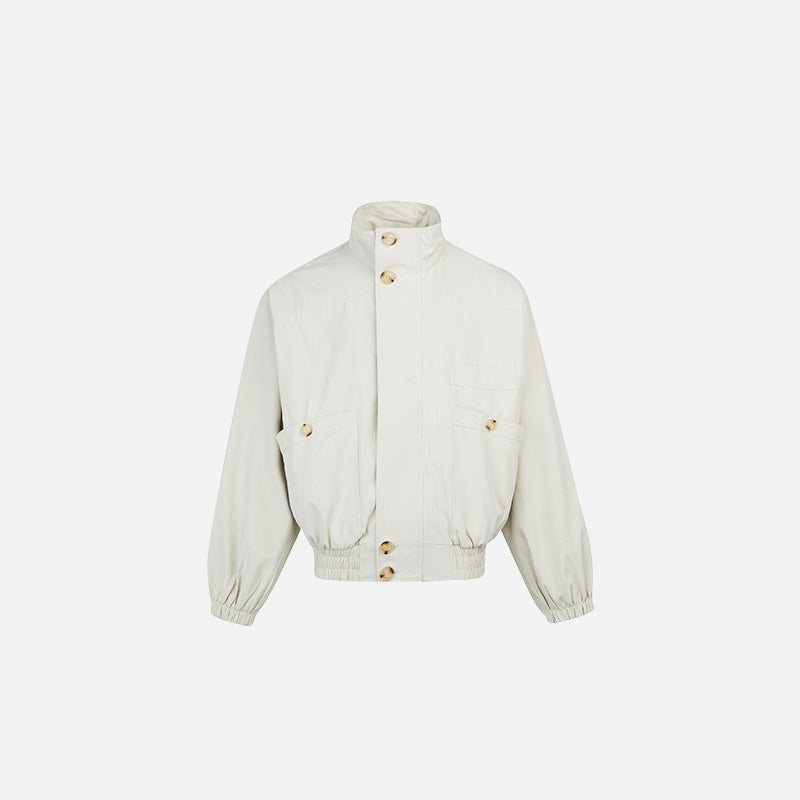 Front view of the khaki High-Collar Bomber Jacket in a gray gray background