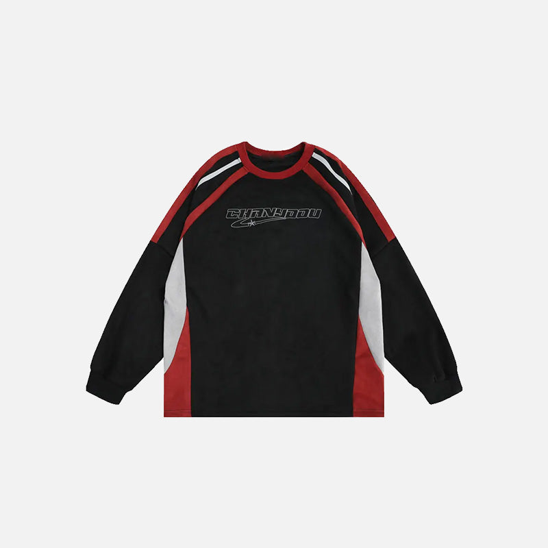 Front view of the black Retro Embroidery Patchwork Sweatshirt in a gray background