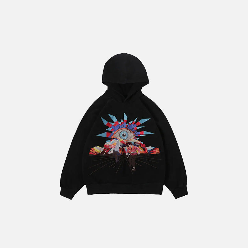 Front view of the black Cosmic Eye Adventure Hoodie in a gray background