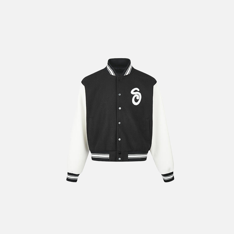 Front view of the white & black Classic Varsity Letterman Jacket in a gray background
