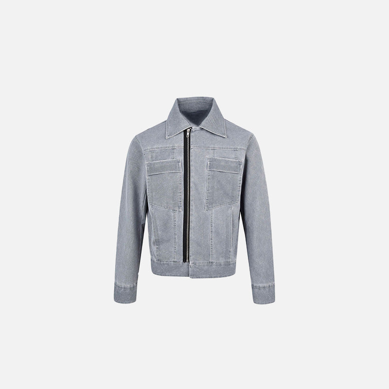 Front view of the blue Minimalist Zip-Up Jacket in a gray background