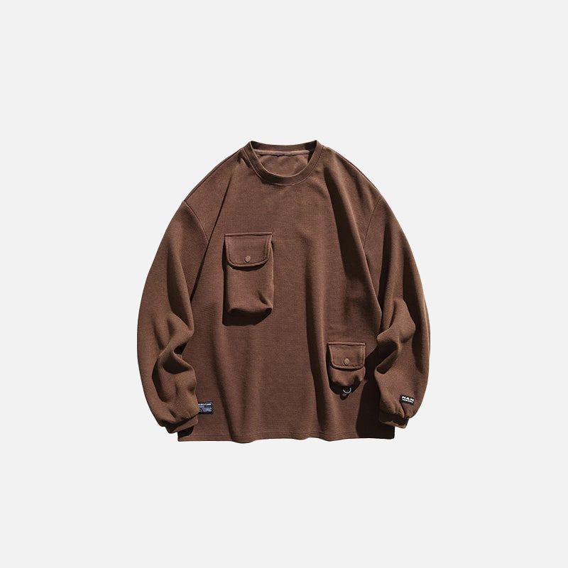 Front view of the brown Utility Cargo Sweatshirt in a gray background