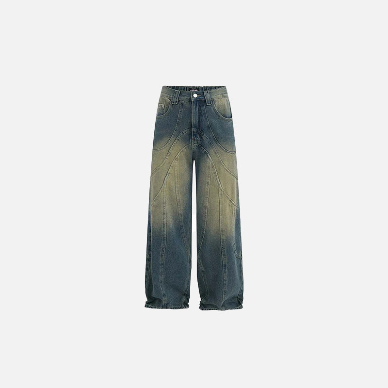 Front view of the blue Curved Seam Wide-Leg Jeans in a gray background