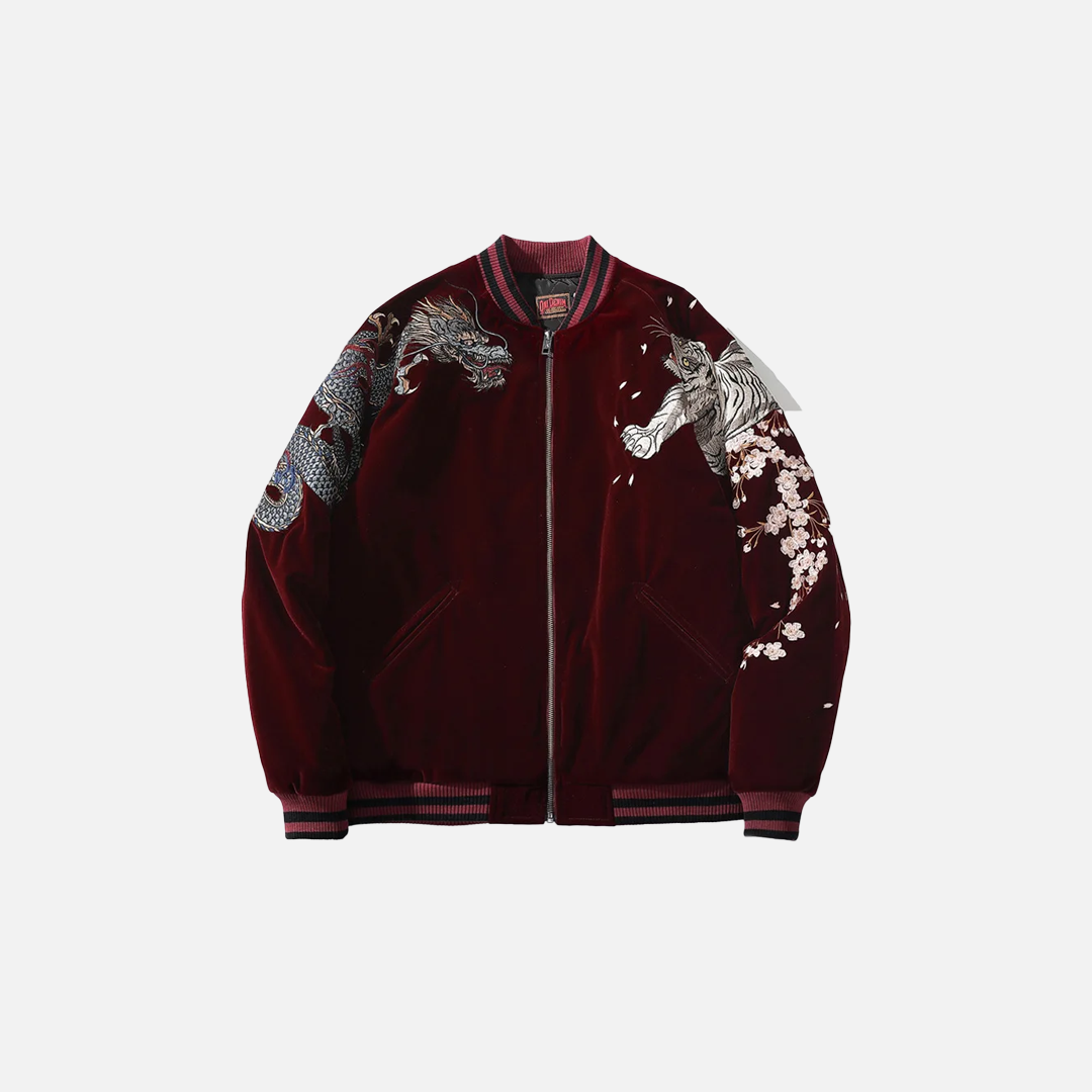 Dragon Phoenix Embroidered Velvet Bomber Jacket