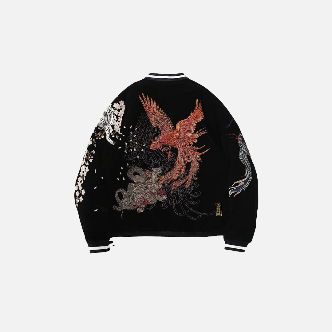 Dragon Phoenix Embroidered Velvet Bomber Jacket