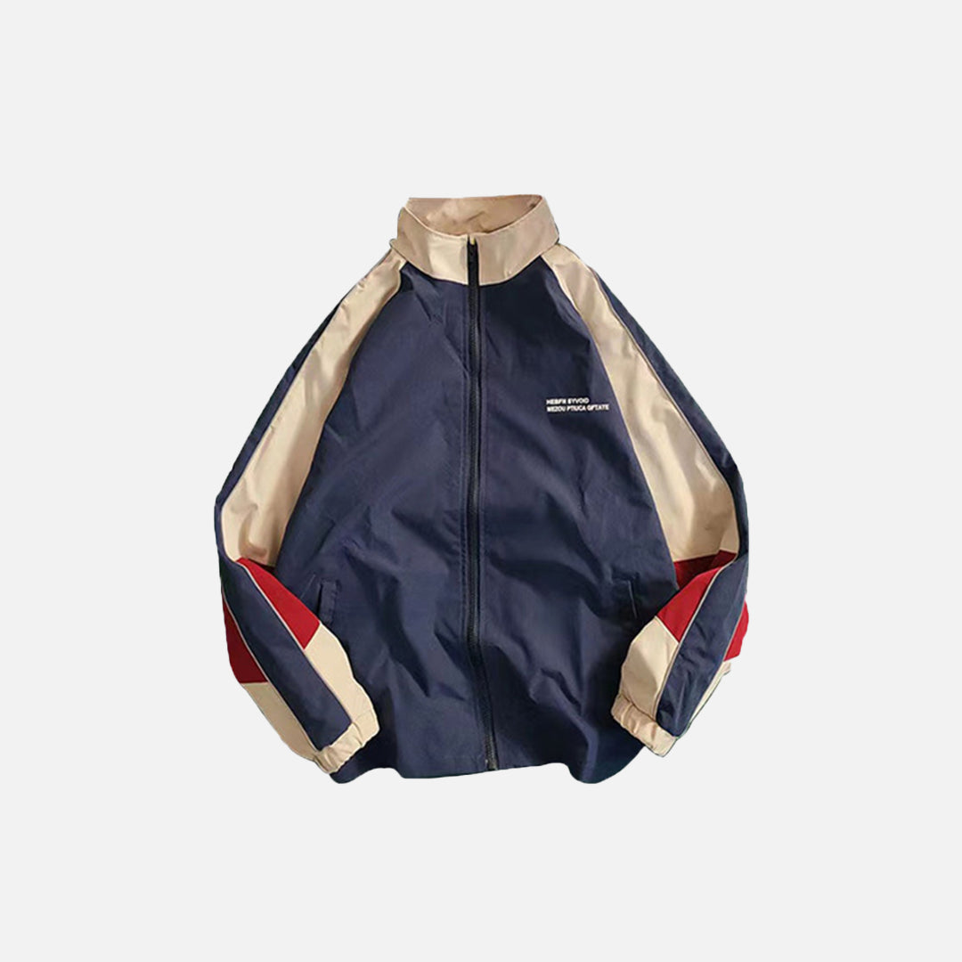 Blue color of the Patchwork Color Block Thin Jacket in a gray background 