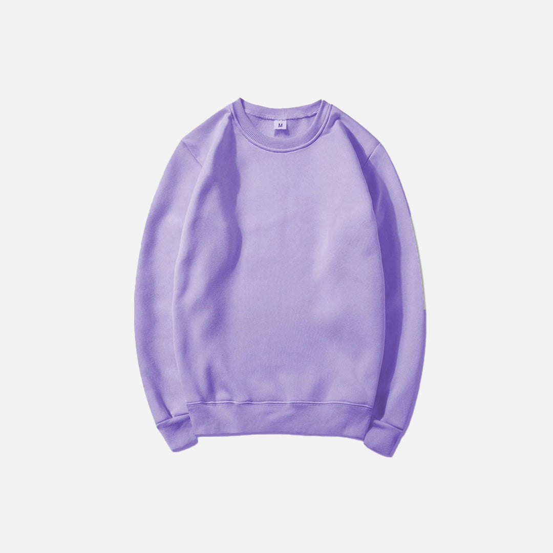 Front view of the purple Essential Pullover Sweatshirt in a gray background