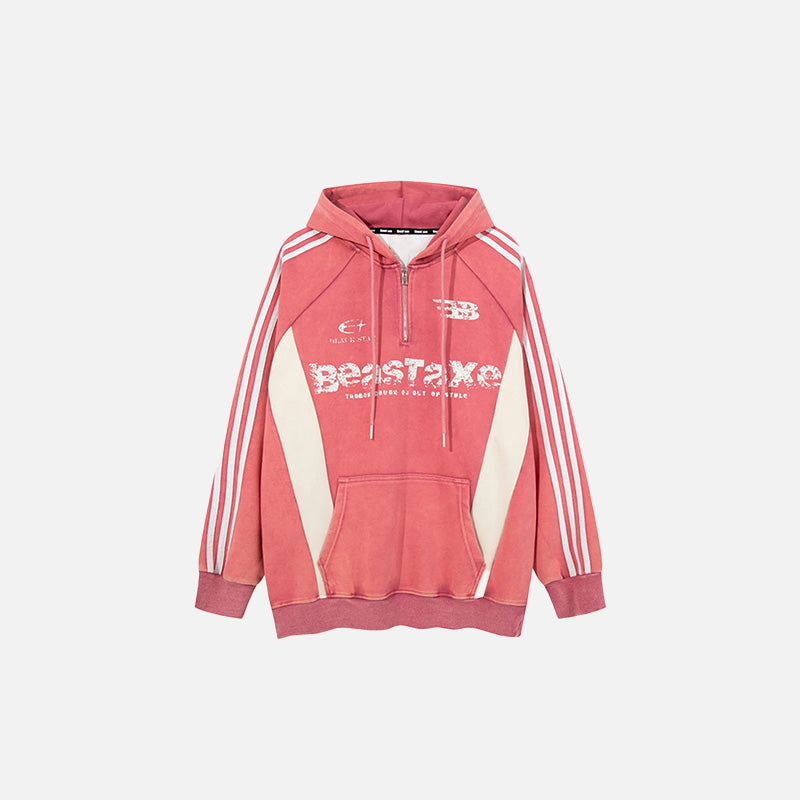 Front view of the pink Retro Striped Logo Hoodie in a gray background