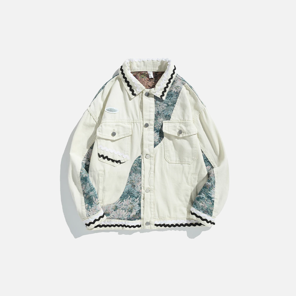 Ethnic Style Spliced Denim Jacquard Casual Loose Jacket