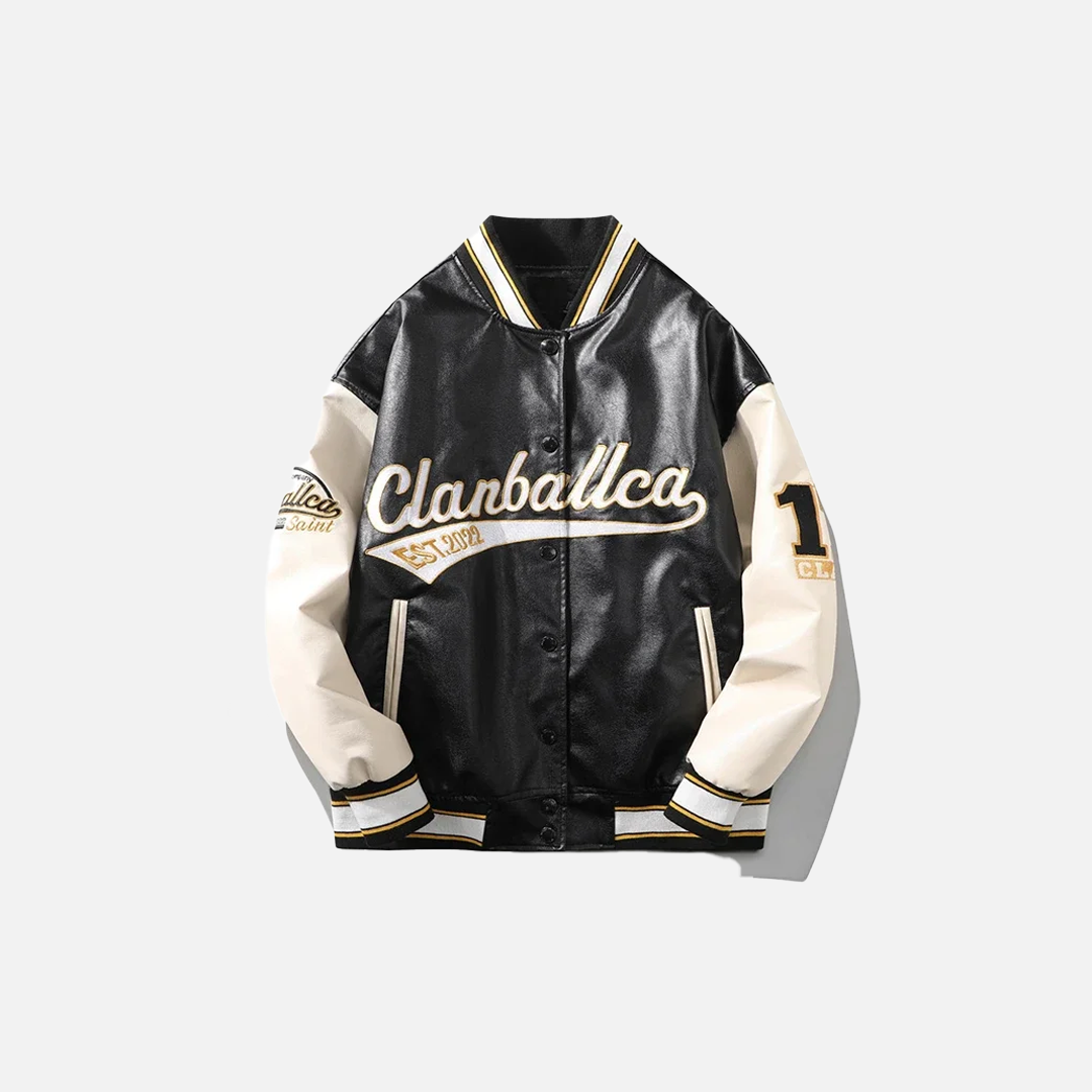 PU Leather Embroidered Letter Baseball Bomber Jacket