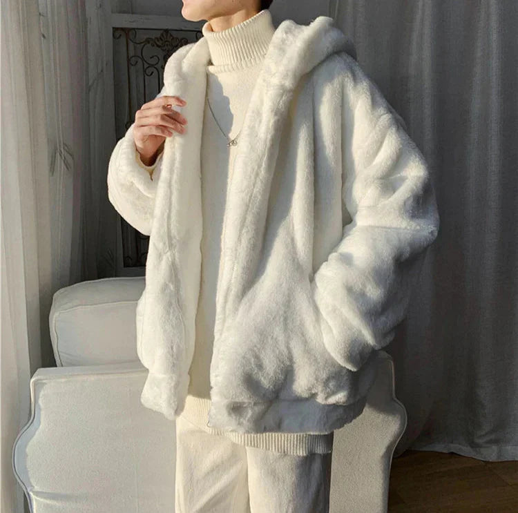 Oversized White Faux Fur Zipper Sweatshirt