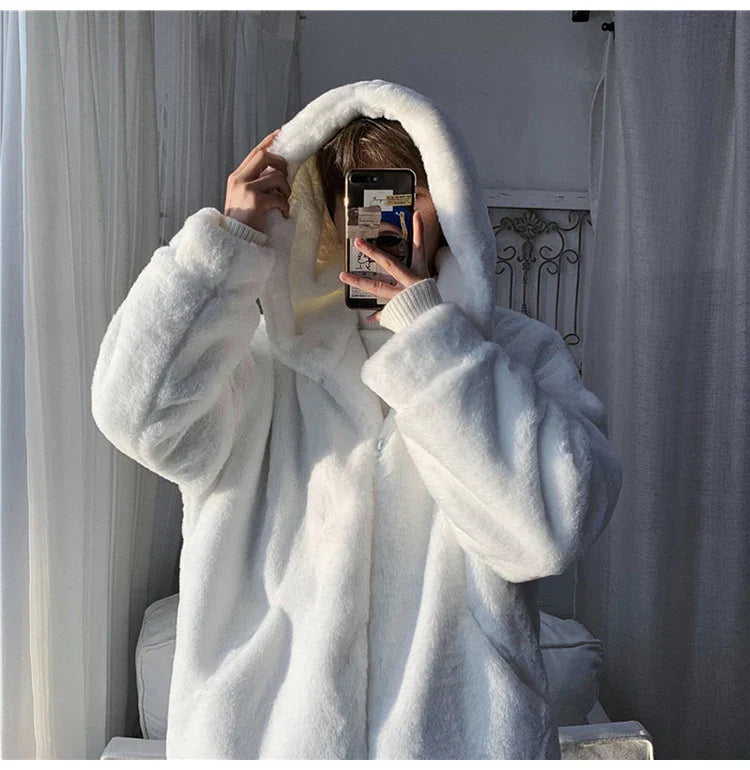 Oversized White Faux Fur Zipper Sweatshirt
