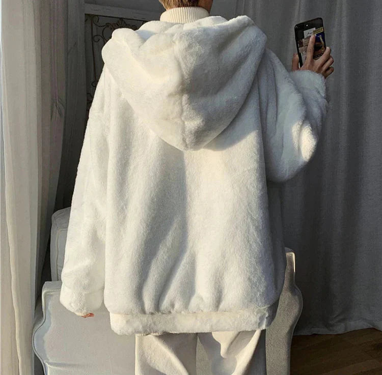 Oversized White Faux Fur Zipper Sweatshirt
