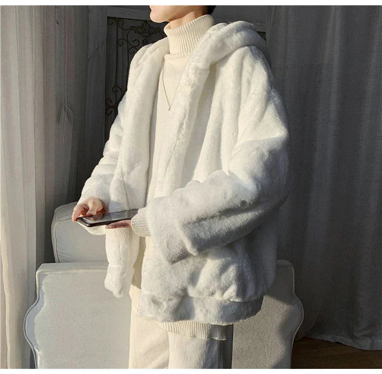 Oversized White Faux Fur Zipper Sweatshirt