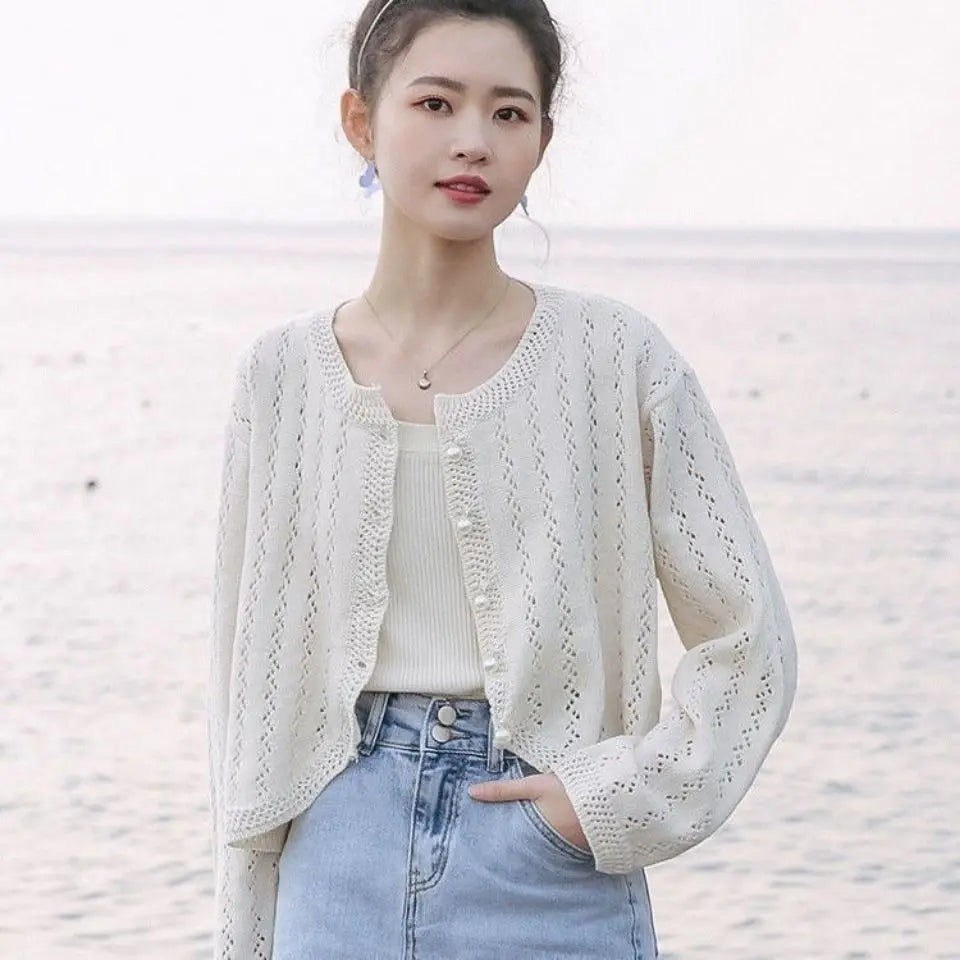 Elegant Hollow Out Button Up Cardigan