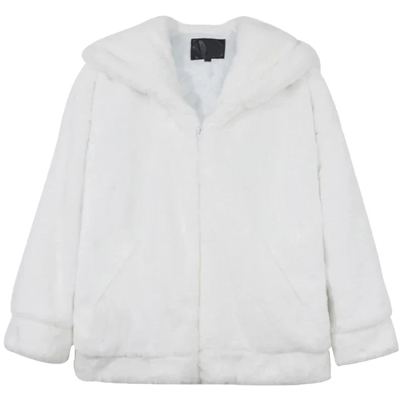 Oversized White Faux Fur Zipper Sweatshirt
