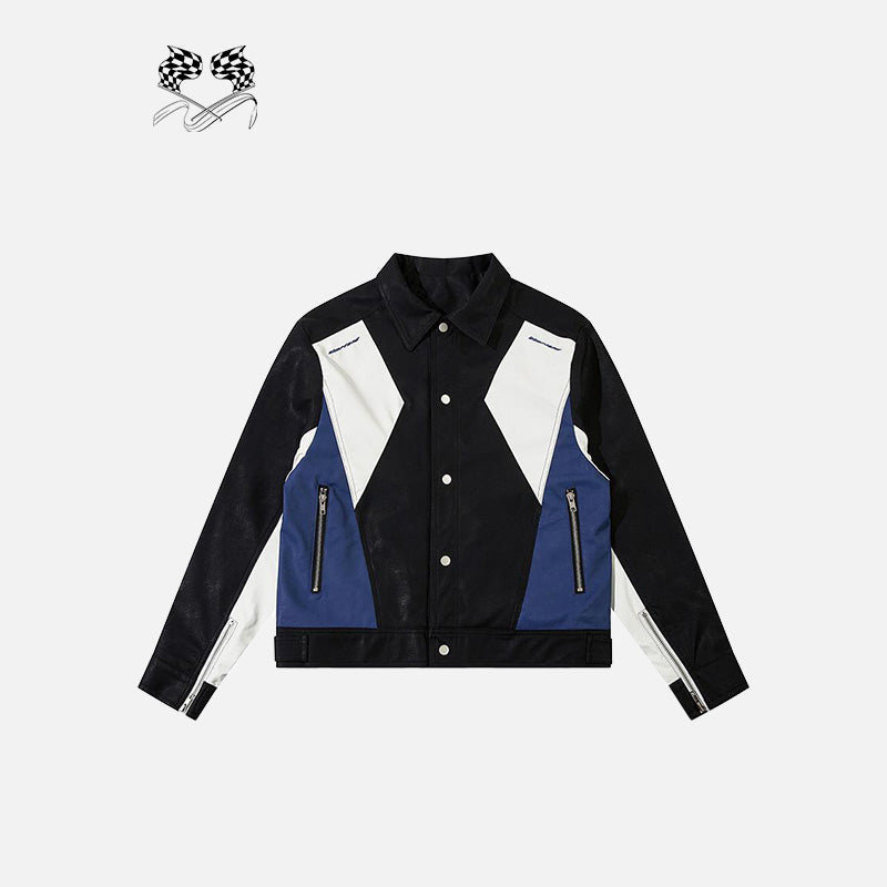 Retro Color Block PU Leather Jacket