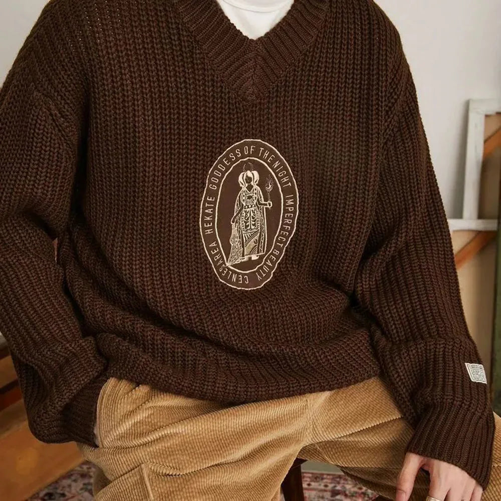 Classic Knitted Letter Badge V-Neck Sweater