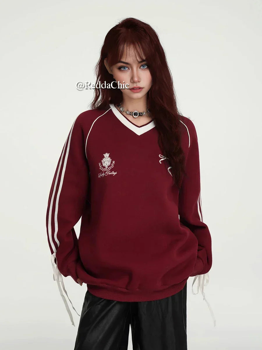 Retro Red Baseball Stripe Fleece Sweatshirt