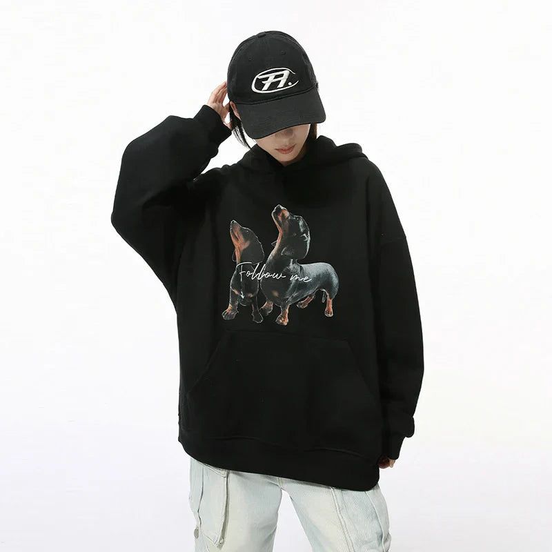 Solid Color Dog Print Hoodie