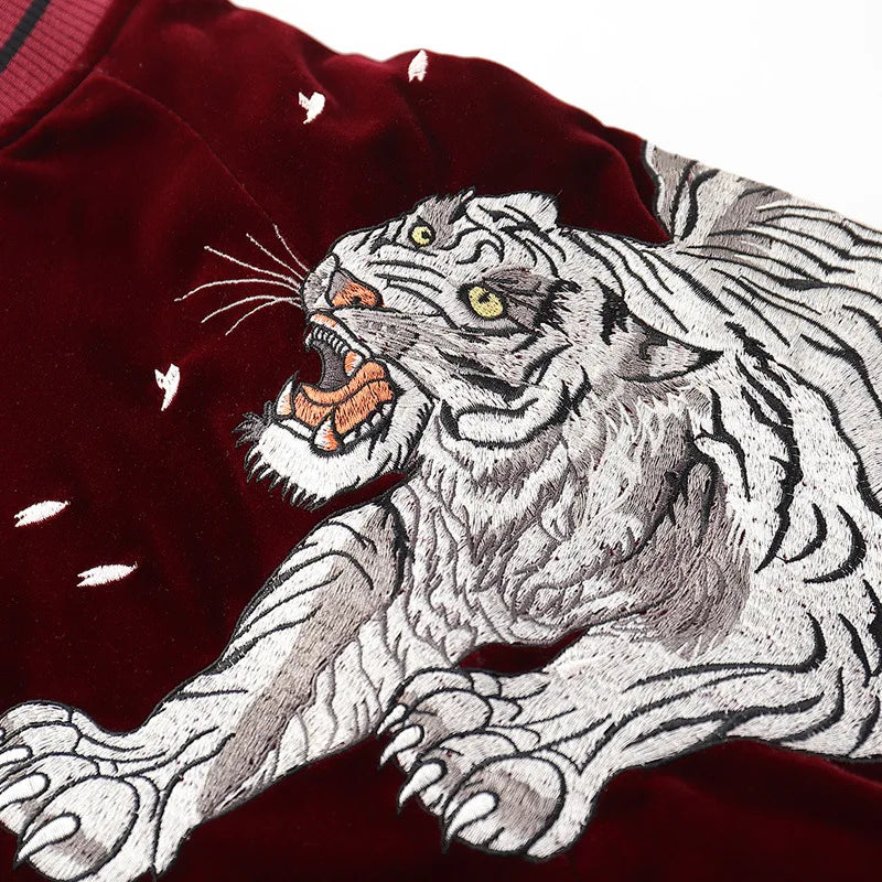 Dragon Phoenix Embroidered Velvet Bomber Jacket