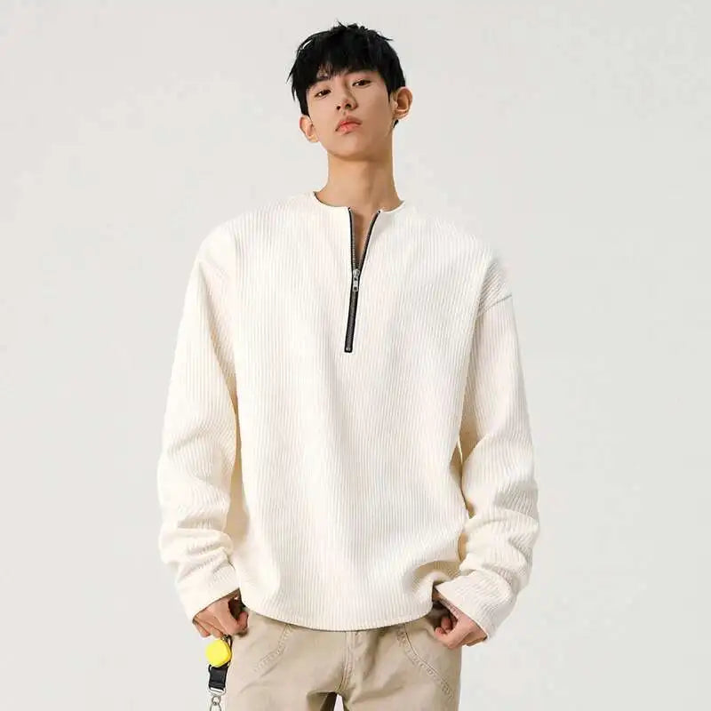 Half Zipper O-neck Long Sleeve Sweater