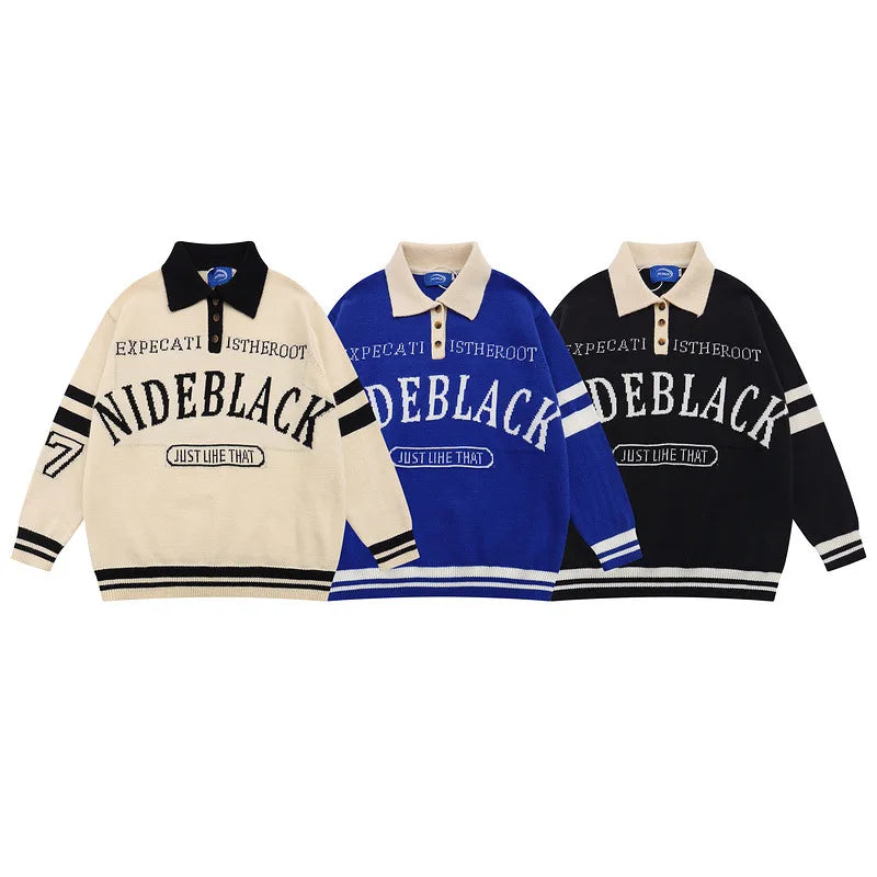 Retro Black Letter Print Polo Sweater