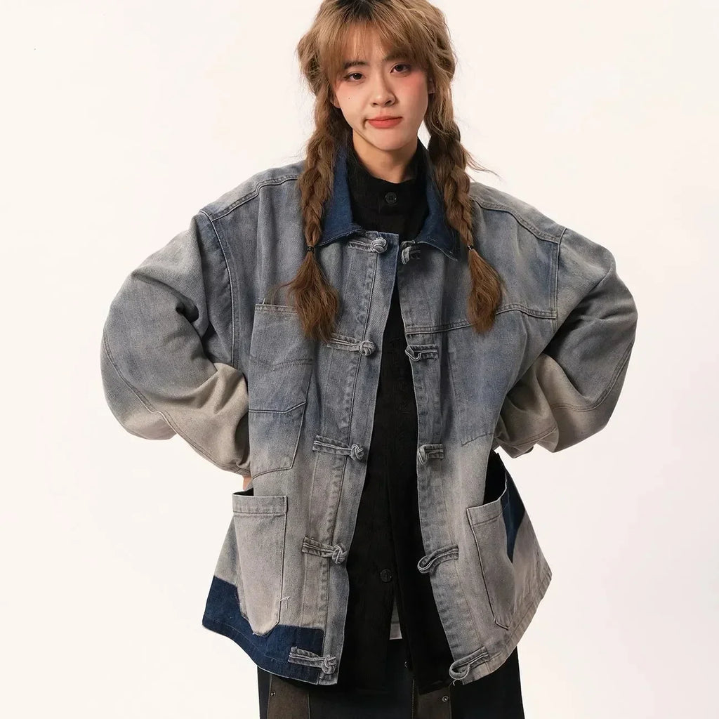 Chinese Style Retro Spliced Casual Denim Jacket