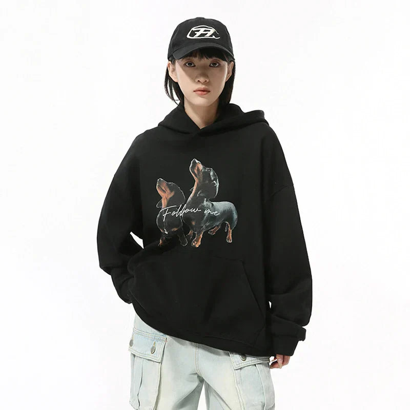 Solid Color Dog Print Hoodie
