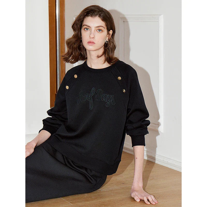 Luxury Black Embroidered Button Sweatshirt