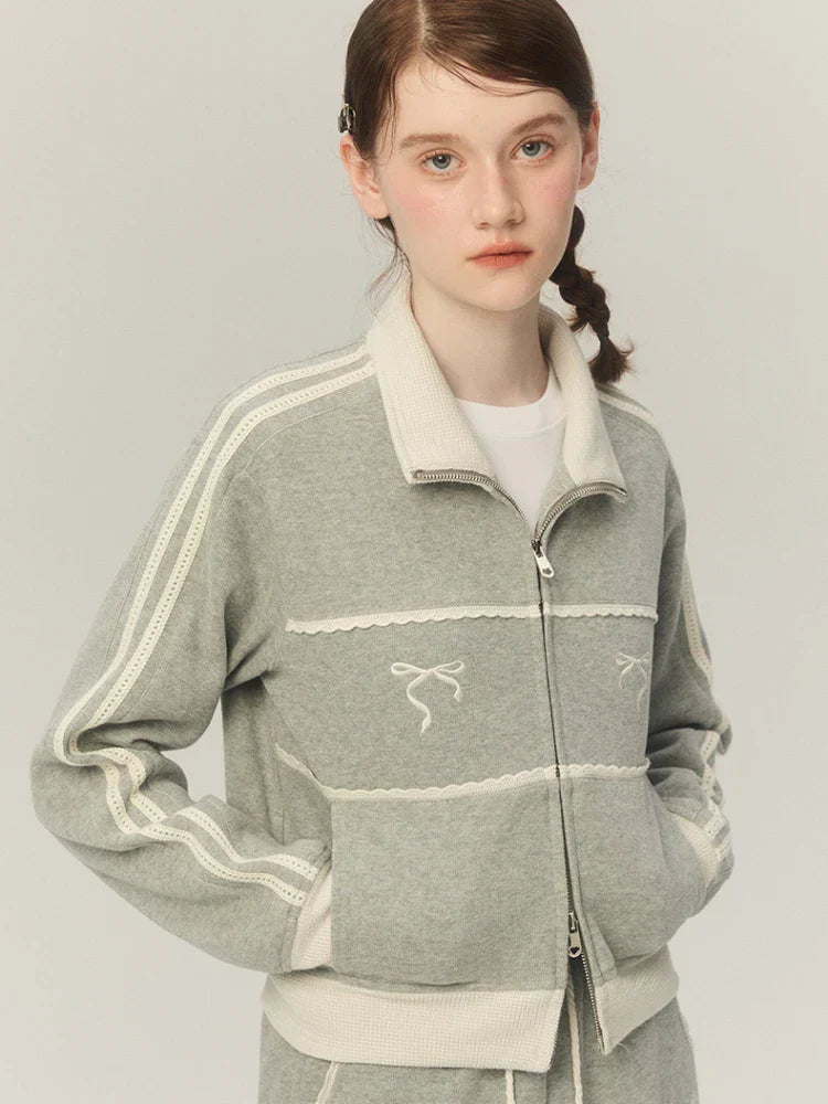 Sweat Retro Lace Embroidery Zip Up Sweatshirt