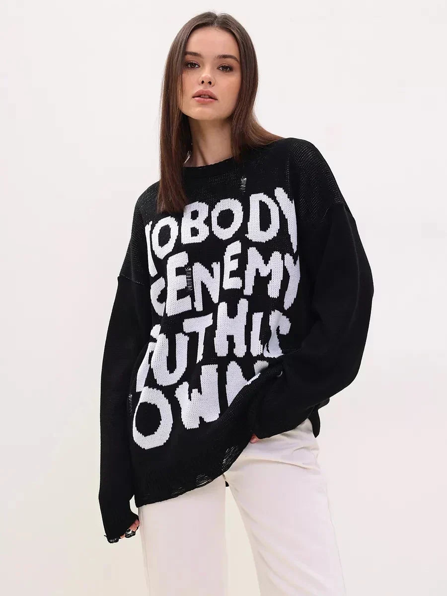 Women Retro Oversized Letter Printed Sweater