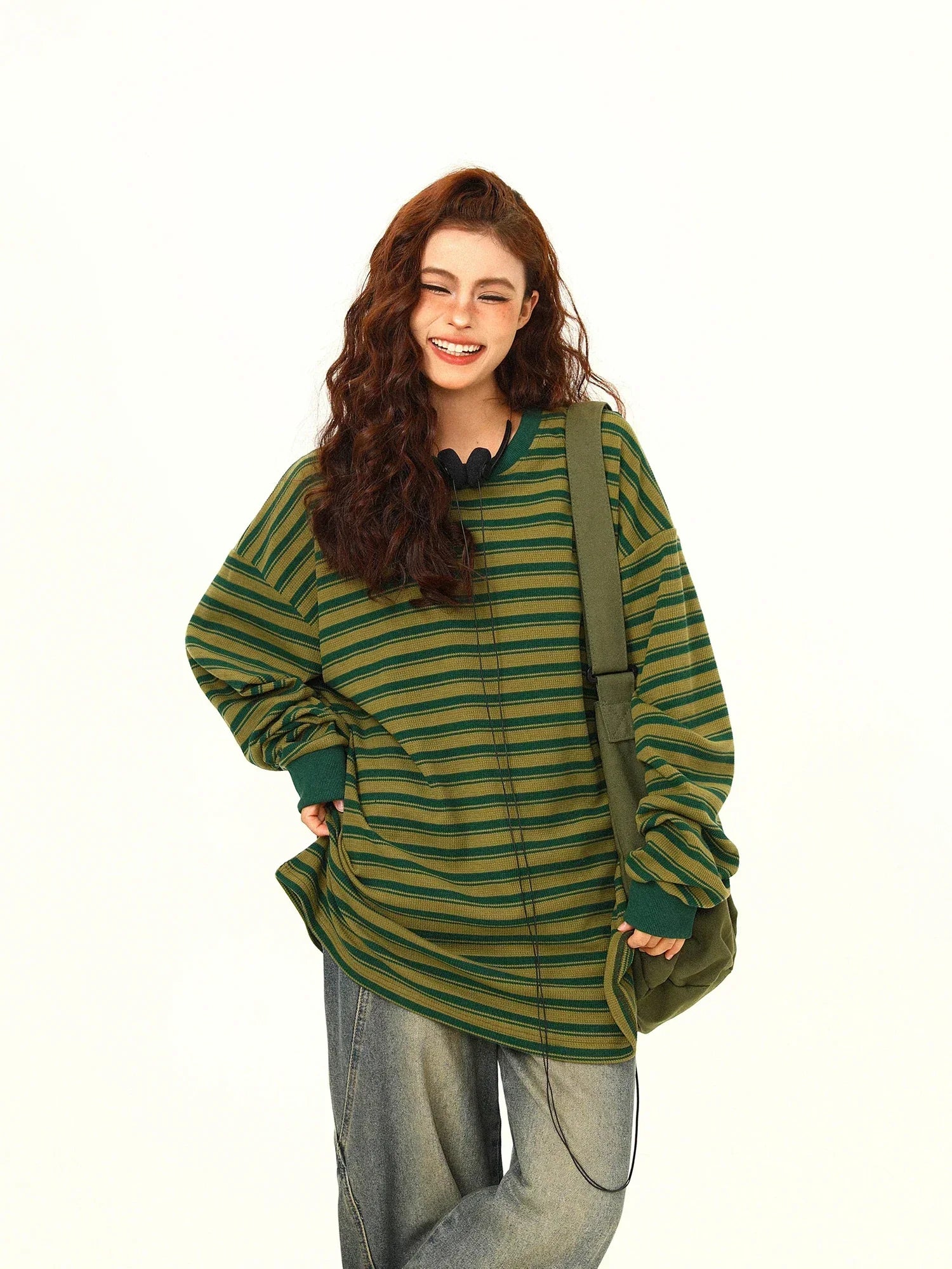 Green Stripe Loose Casual Sweatshirt