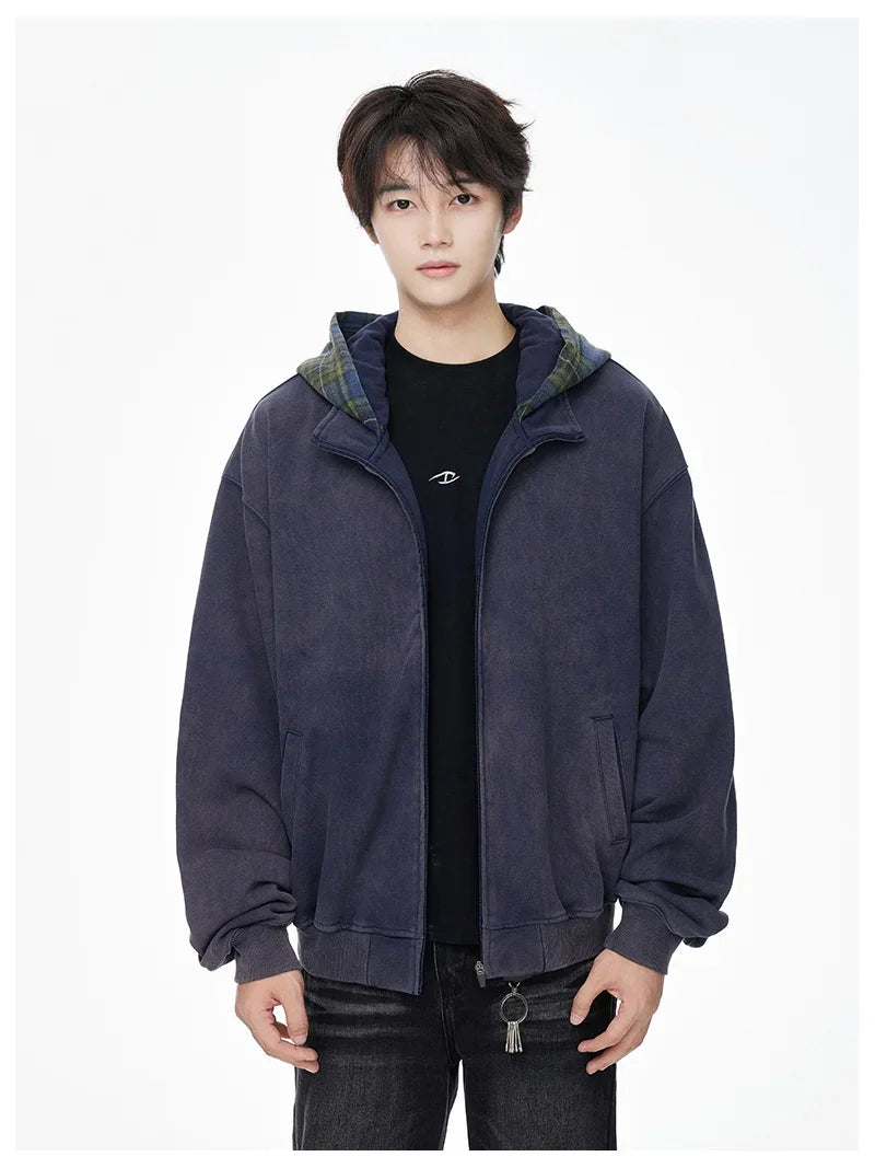 Vintage Streetwear Plaid Zipper Cool Hooded Sweatshirt