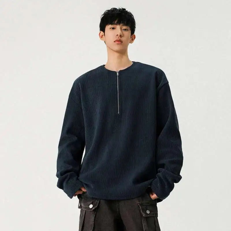 Half Zipper O-neck Long Sleeve Sweater