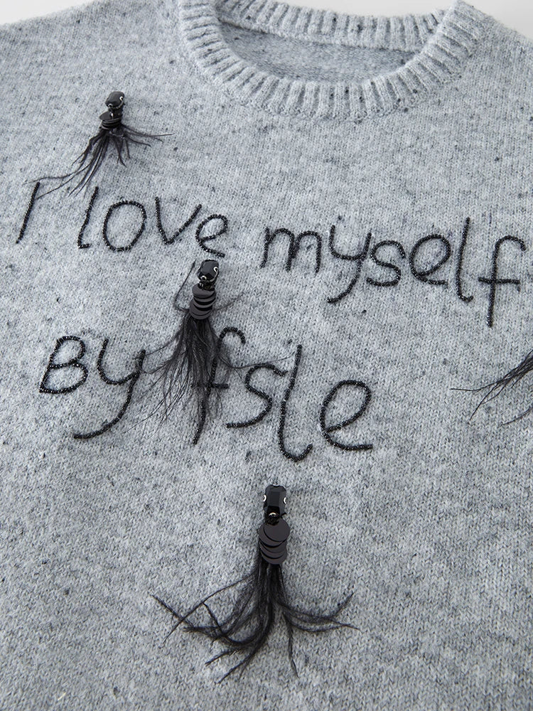 Women Luxury Ostrich Hair Embroidered Knit Sweater