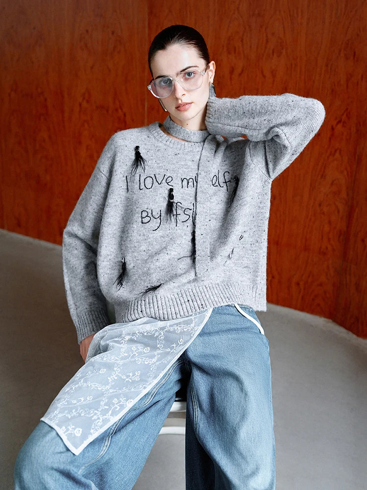 Women Luxury Ostrich Hair Embroidered Knit Sweater