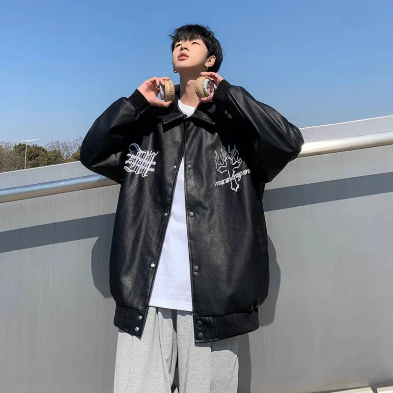 Vintage Embroidered PU Baseball Leather Jacket