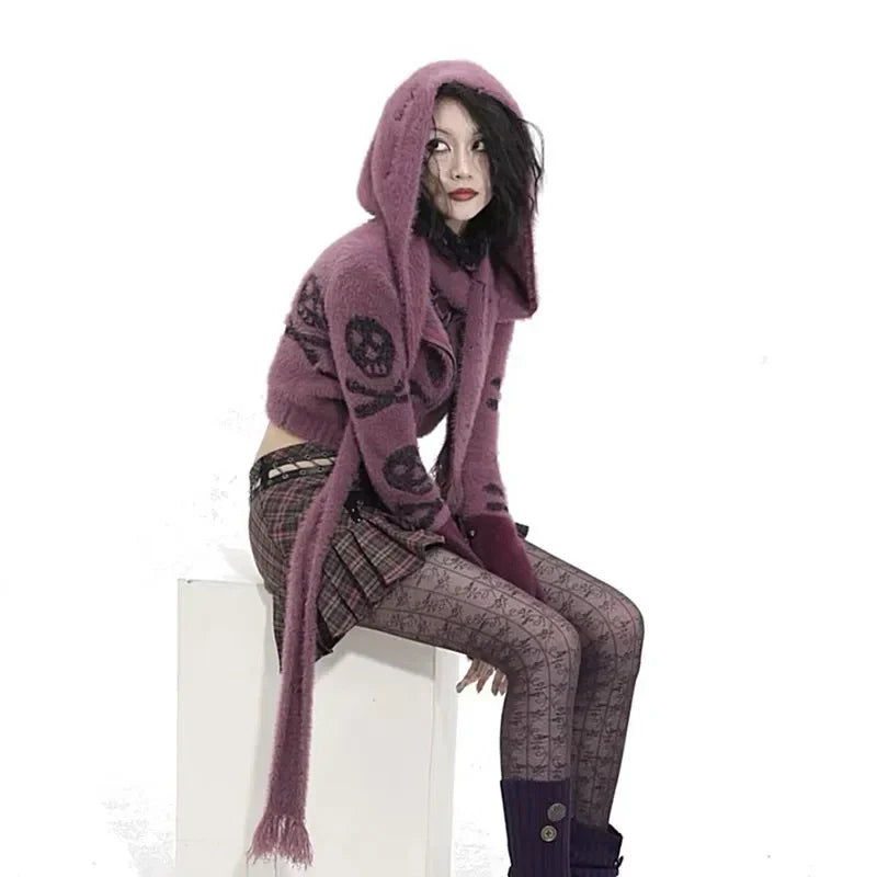 Y2K Skull Hooded Wrap Sweater