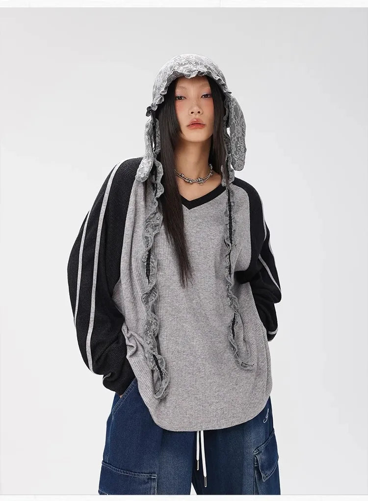 Black and Gray Contrast Color Long Sweatshirt