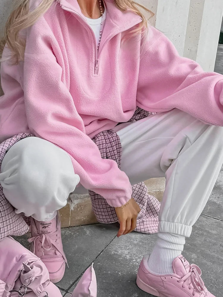 Oversized Pink Zipped Fleece SweatShirt