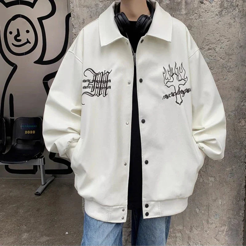 Vintage Embroidered PU Baseball Leather Jacket