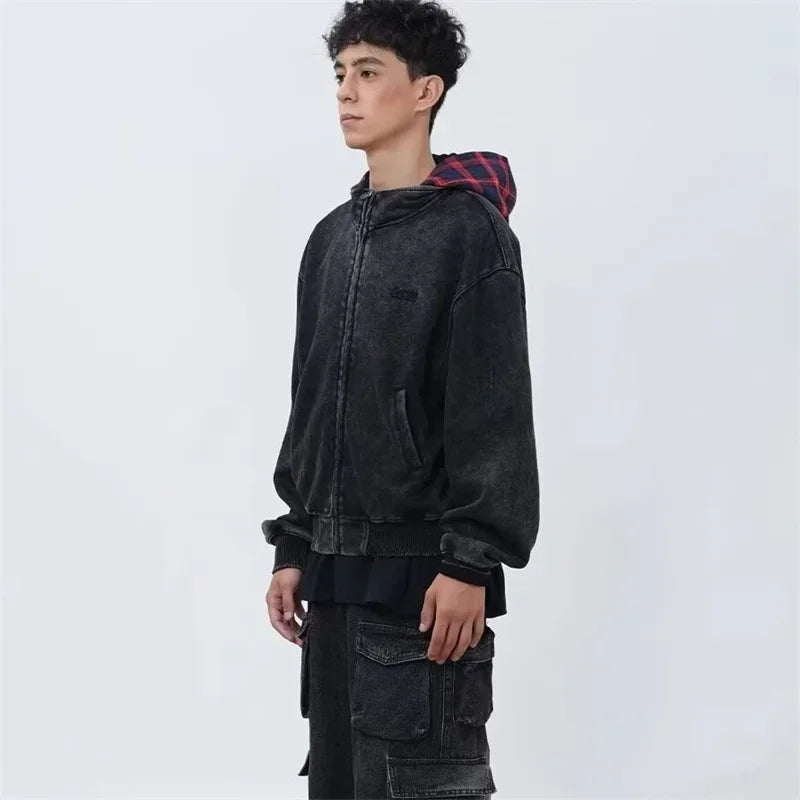 Vintage Streetwear Plaid Zipper Cool Hooded Sweatshirt