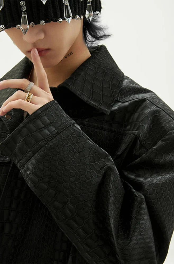 Luxury Crocodile Print Black Leather Jacket