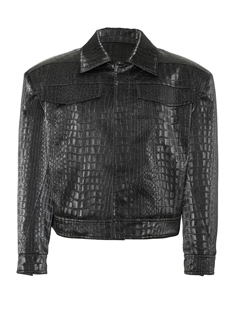 Luxury Crocodile Print Black Leather Jacket